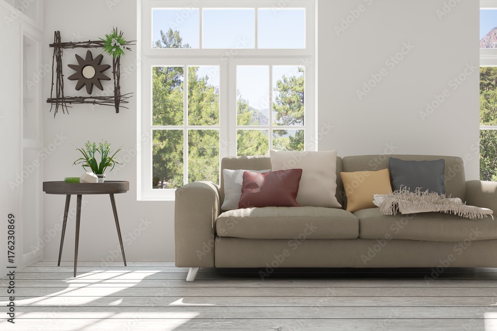 White room with sofa and summer landscape in window. Scandinavian interior design. 3D illustration