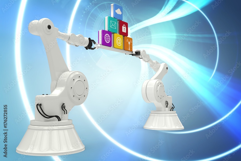 Composite image of robotic hands holding computer icons over