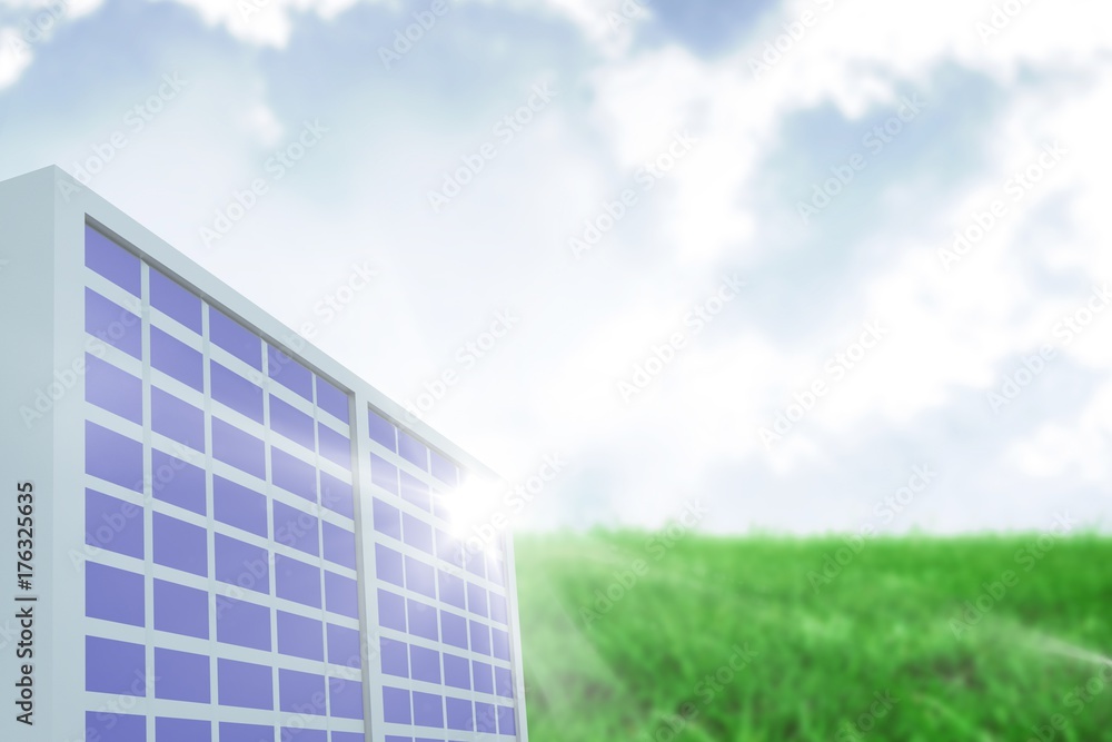 Composite image of solar panel against green landscape