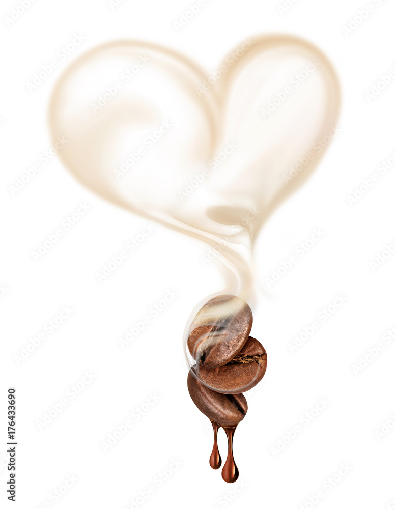 Three coffee beans with hot steam in the shape of a heart close up on a white background