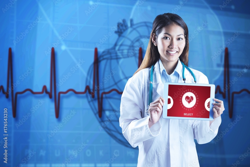 Composite image of asian doctor showwing her tablet