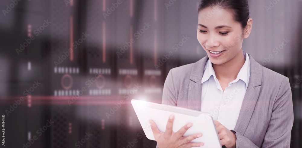 Composite image of close up of a laughing customer service agent