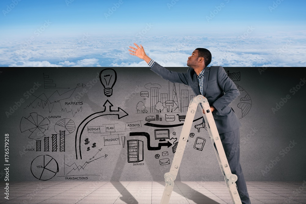 Composite image of businessman climbing up ladder