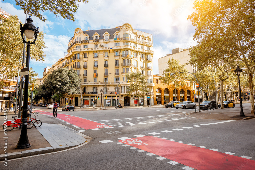 Street view with beautiful buildings in Barcelona city