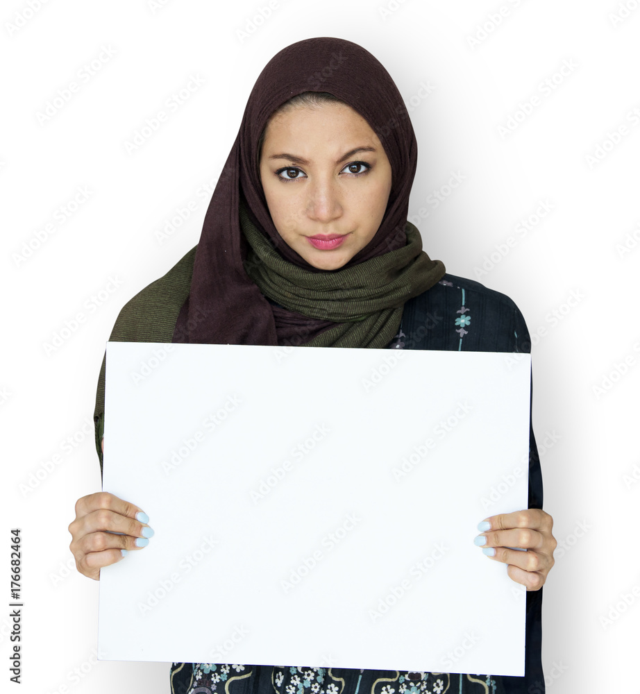 Adult Woman Hands Hold Blank Paper Board Copy Space