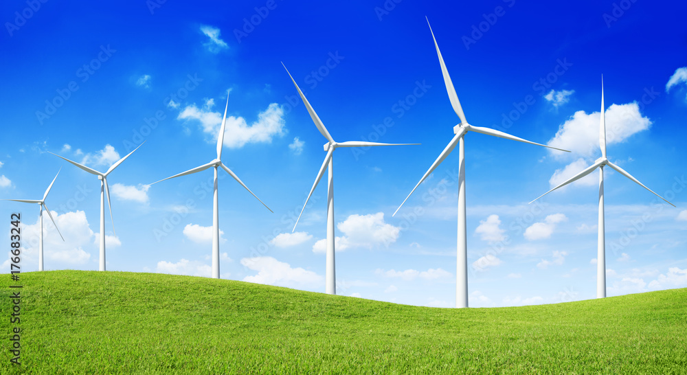 Group of  Wind Turbines on the green hill