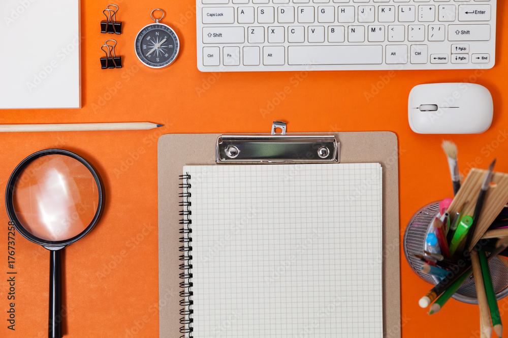 Office desk table of Business workplace and business objects of keyboard,mouse,white paper,notebook,