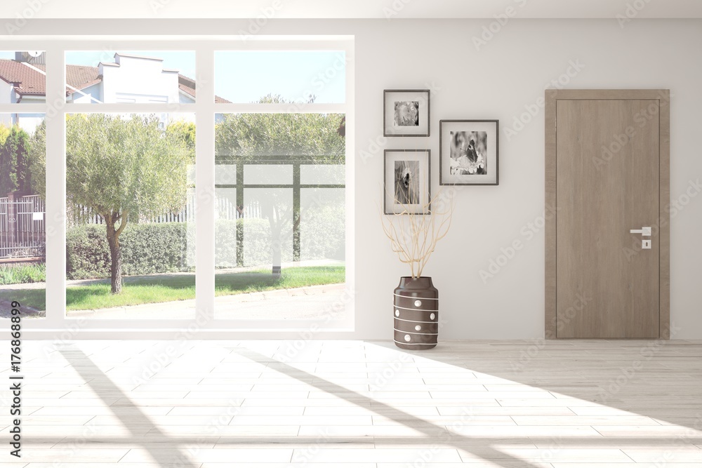 White empty room with summer landscape in window. Scandinavian interior design. 3D illustration