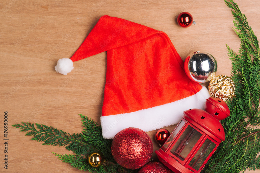 Holiday background with red christmas balls and decorations.