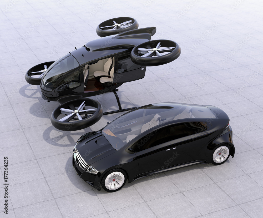 Self-driving car and passenger drone parking on the ground. 3D rendering image