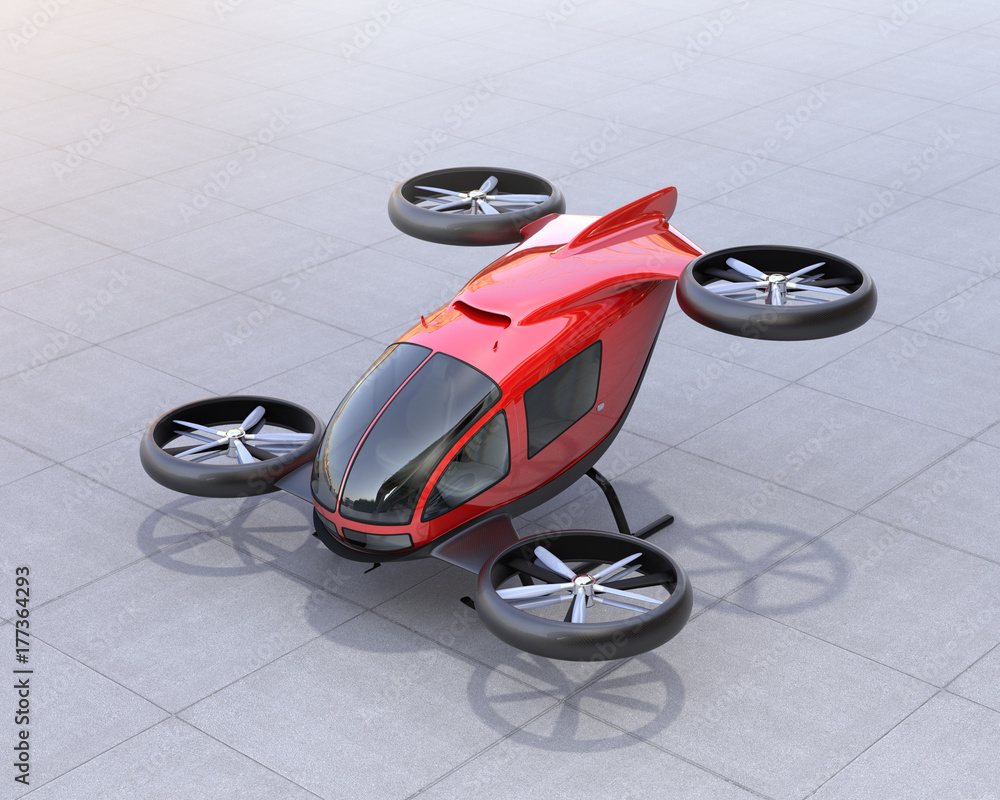 Metallic red self-driving passenger drone on the ground. 3D rendering image