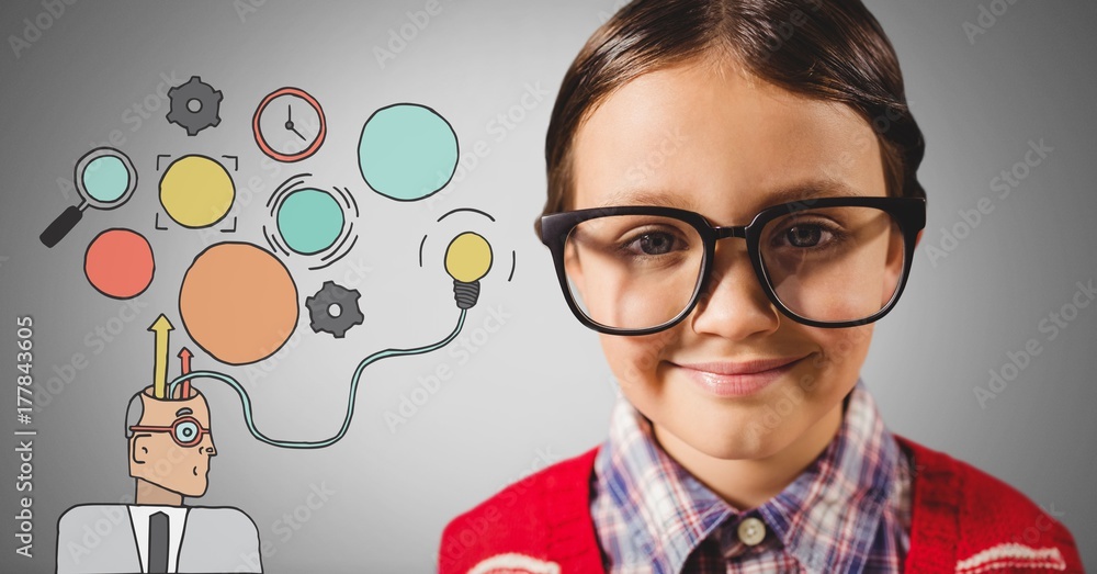 Boy against grey background with huge glasses and brain thinking