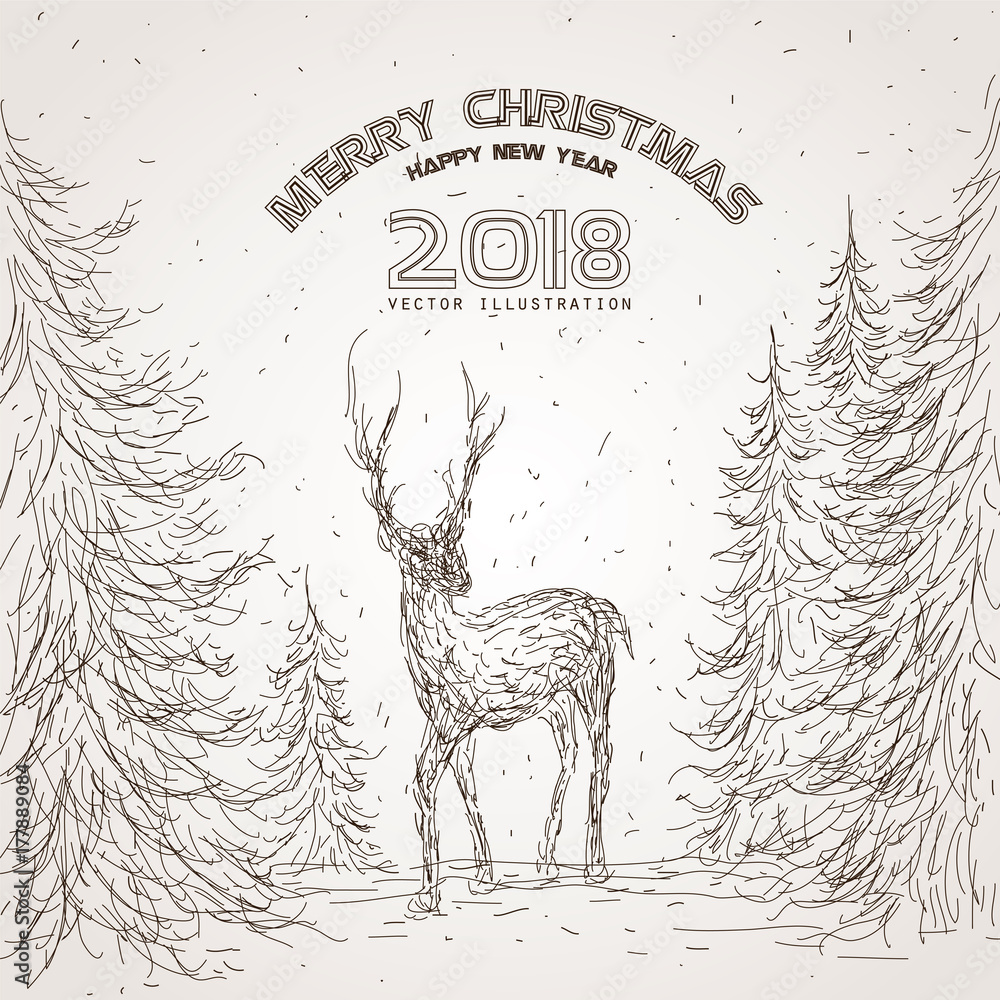 The deer in the forest, the vintage Christmas illustrations, vector,the messy lines.