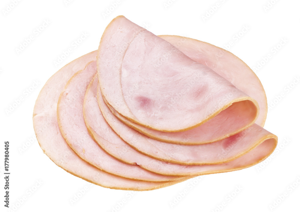 Slices of smoked ham or sausage isolated on white