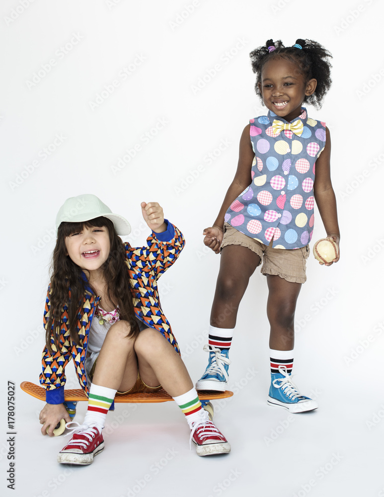 Children Girlfriends Smiling Happiness Friendship Togetherness Studio Portrait