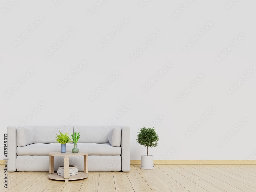 Living Room interior wall mock up with sofa and white wall background. 3D rendering.