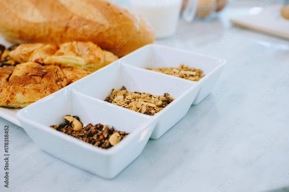 Whole grains for a bakery, put in a Cup, a box and placed on a table in the kitchen, in a  beautiful