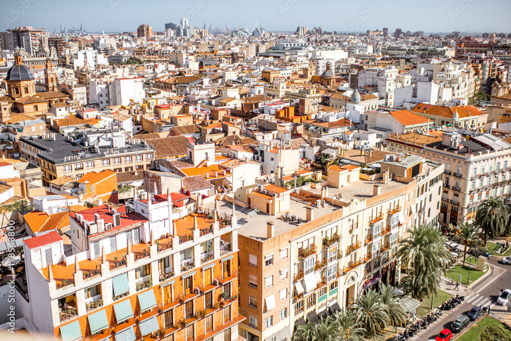 Top cityscape view on the old town and city of arts and sciences complex on the horizon in Valencia 