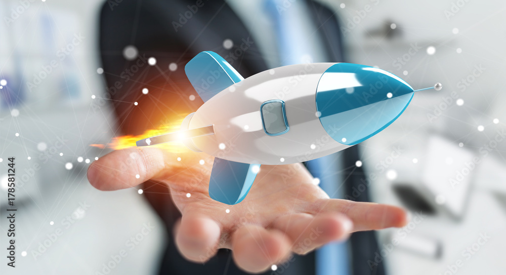 Businessman holding and touching a rocket 3D rendering