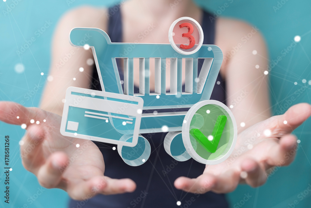 Businesswoman using digital shopping icons 3D rendering