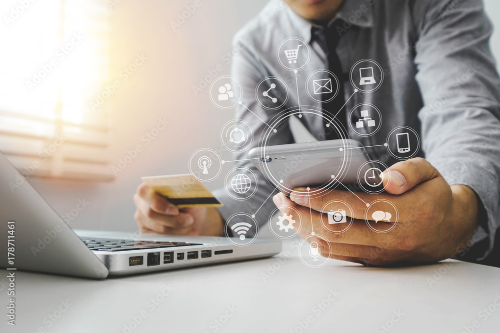 close up of hand using tablet ,laptop, and holding smartphone online banking payment communication n