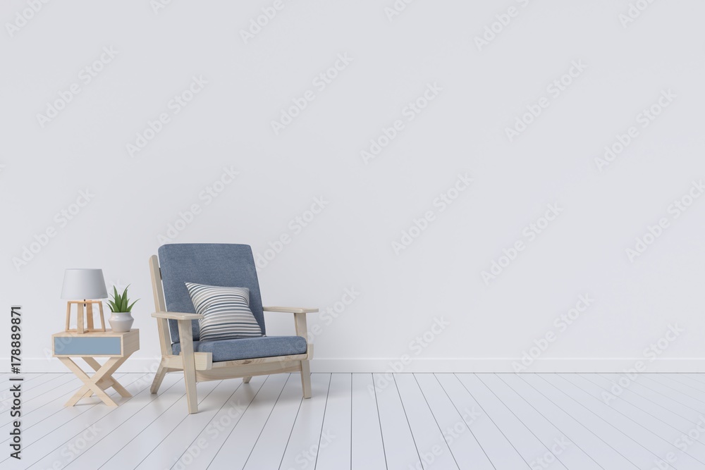 Living Room interior with velvet armchair on white wall background. 3D rendering.