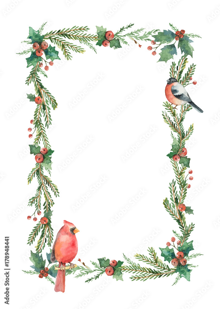 Watercolor vector Christmas bouquet with birds and fir branches.