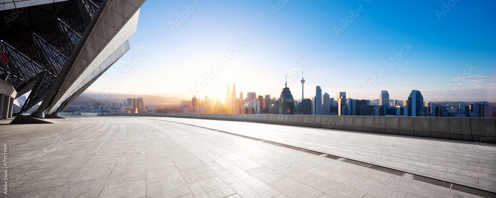 empty marble floor with modern cityscape