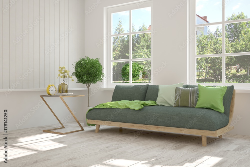 Idea of white room with sofa and summer landscape in window. Scandinavian interior design. 3D illust