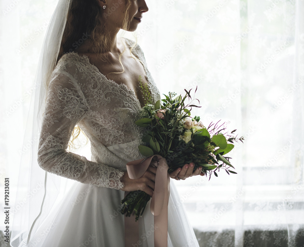 Attractive Beautiful Bride Holding Flowers Bouquet