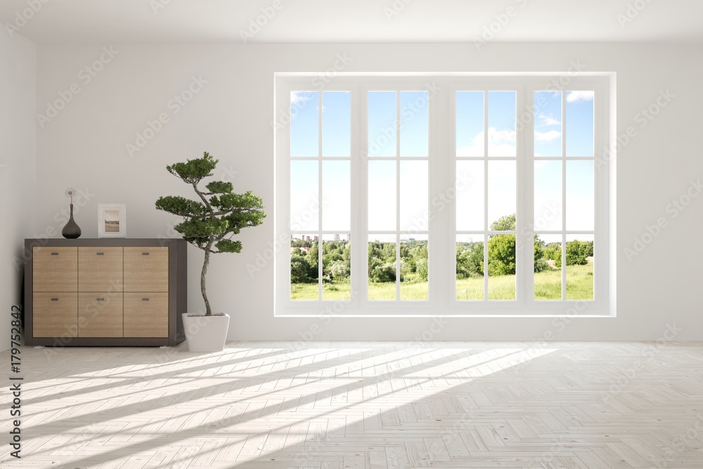 White empty room with summer landscape in window. Scandinavian interior design. 3D illustration