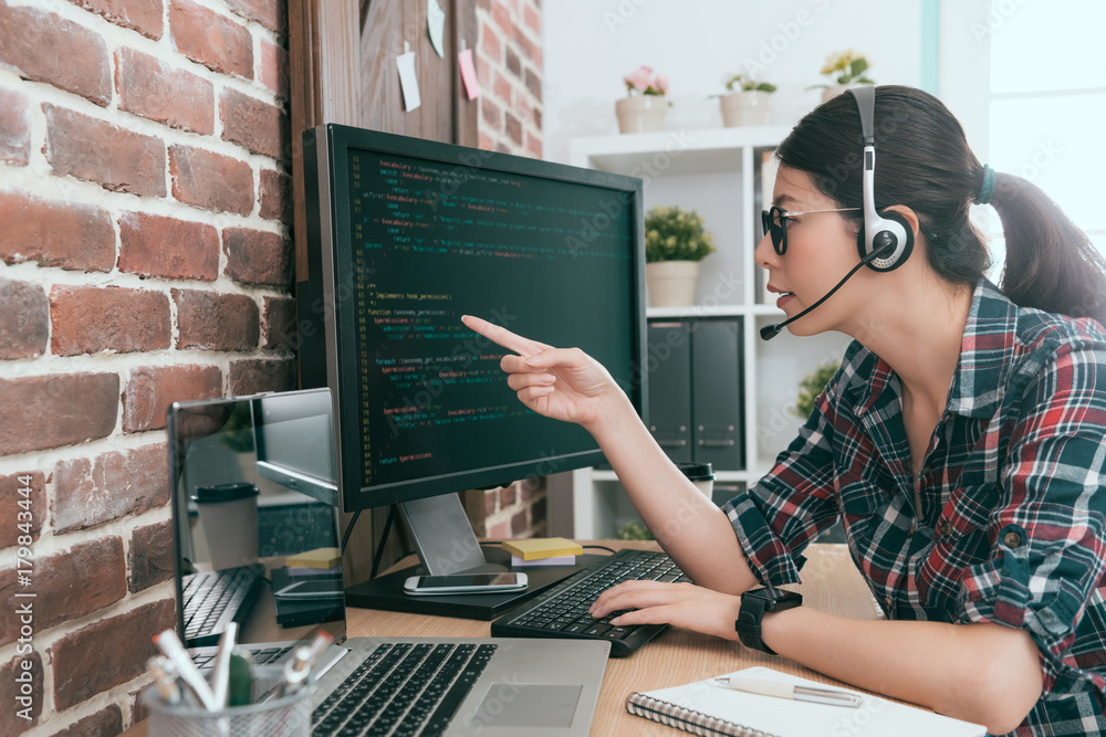 beauty programmer woman wearing headset microphone