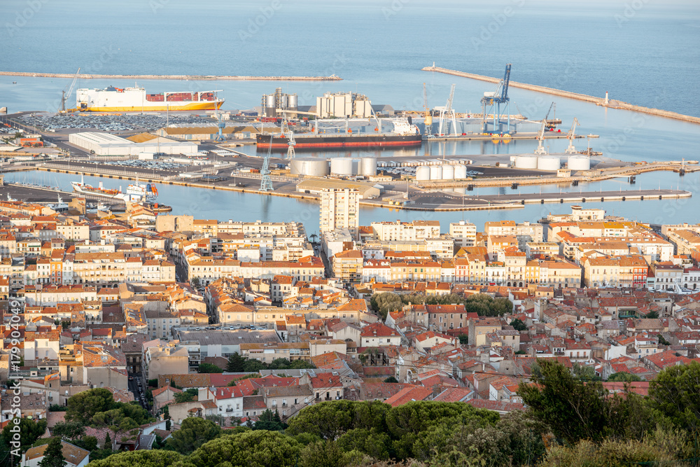 Aerial cityscape view on Sete village during the sunset in Occitanie region in southern France