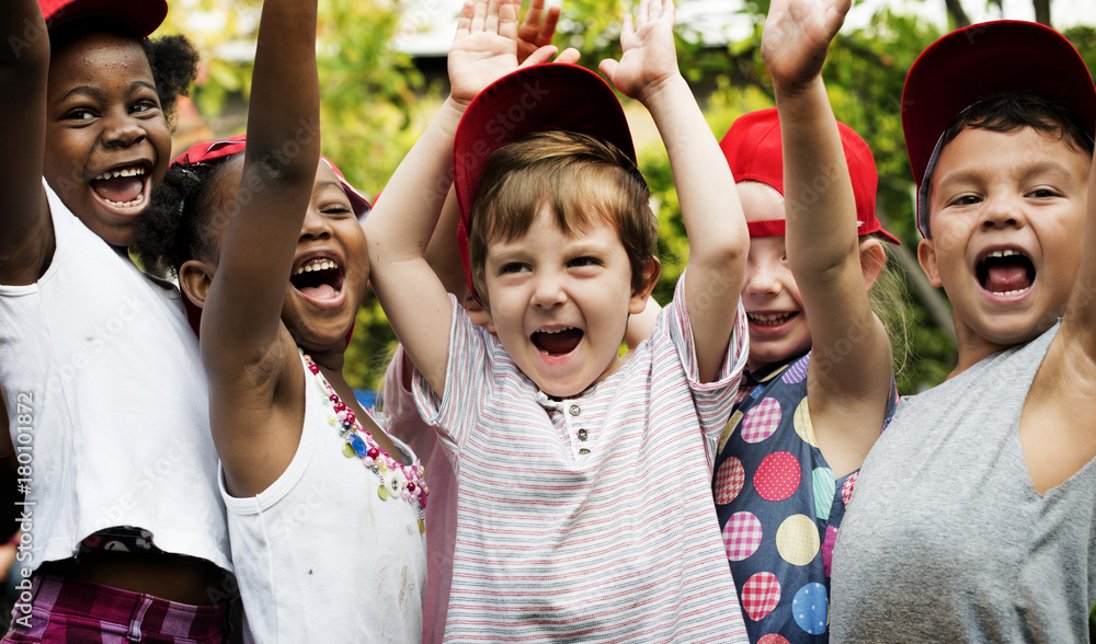 Group of kids school friends hand raised happiness smiling learning