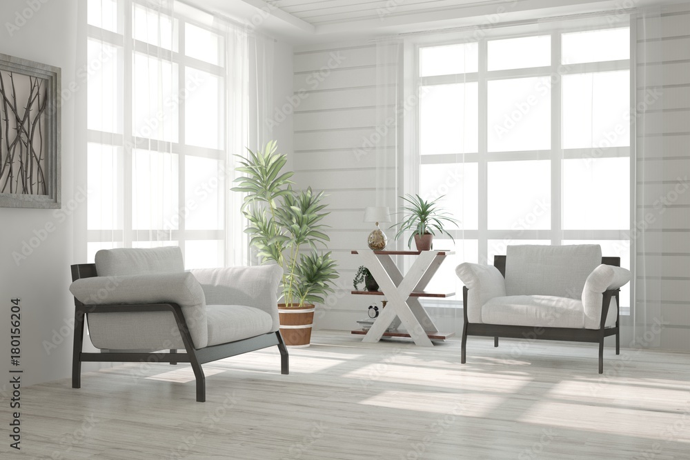 Inspiration of white minimalist room with armchair. Scandinavian interior design. 3D illustration