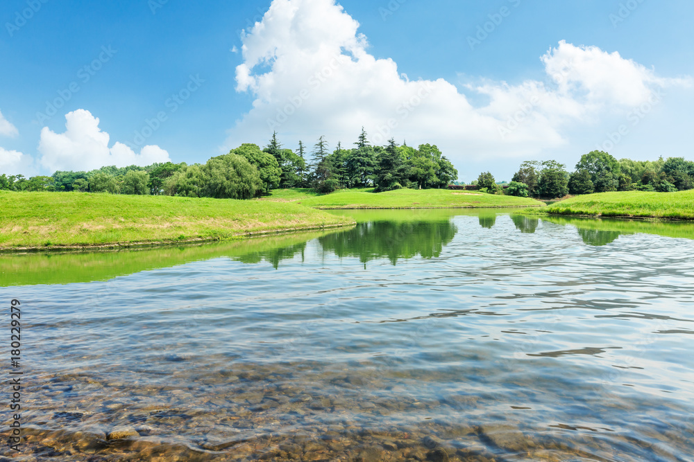 Clean lake water and green forest natural landscape under the blue sky