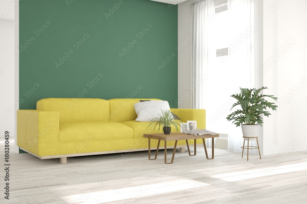 Idea of white minimalist room with sofa. Scandinavian interior design. 3D illustration