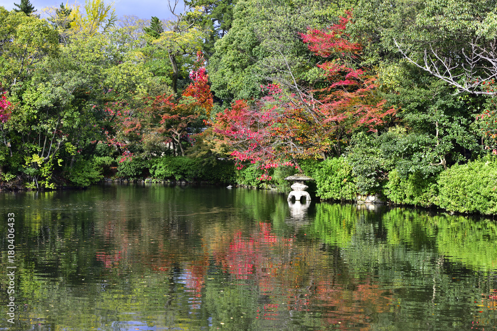 日本庭園の池と紅葉