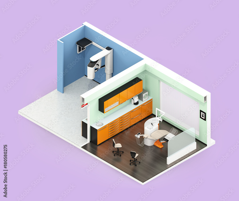 Isometric view of dental clinic interior with Con-Beam CT, dental chair and cabinet system. 3D rende