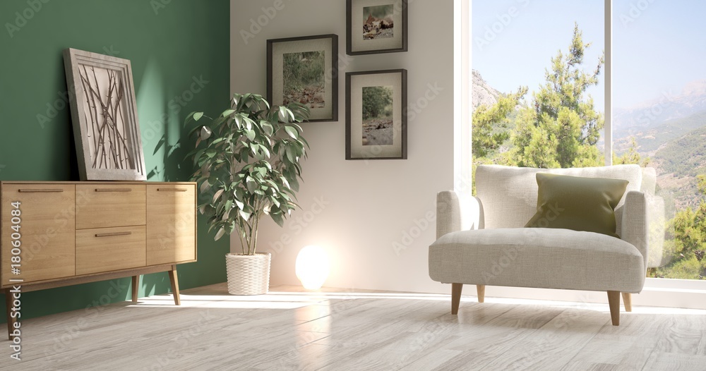 Idea of white room with armchair and summer landscape in window. Scandinavian interior design. 3D il