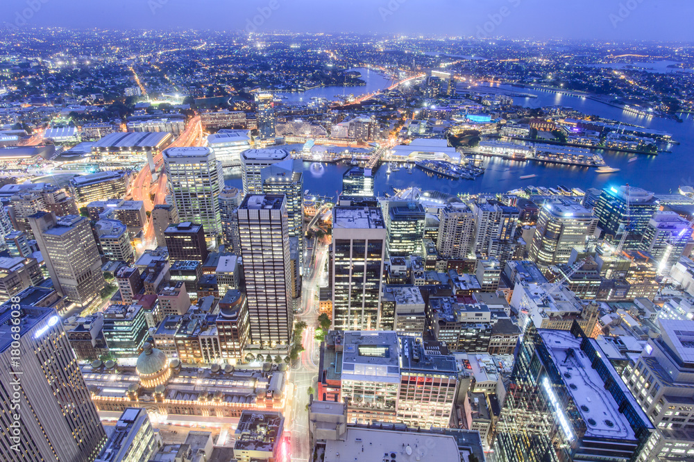 SYDNEY, AUSTRALIA. – On October 10, 2017 –The city view of sydney at night from sydney tower