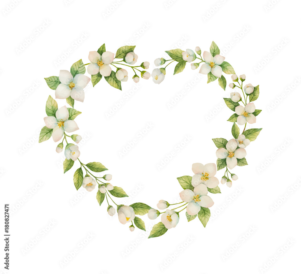 Watercolor vector frame in the shape of a heart of Jasmine flowers isolated on a white background.