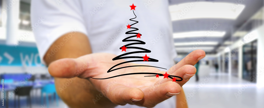 Businessman holding and touching christmas trees sketch