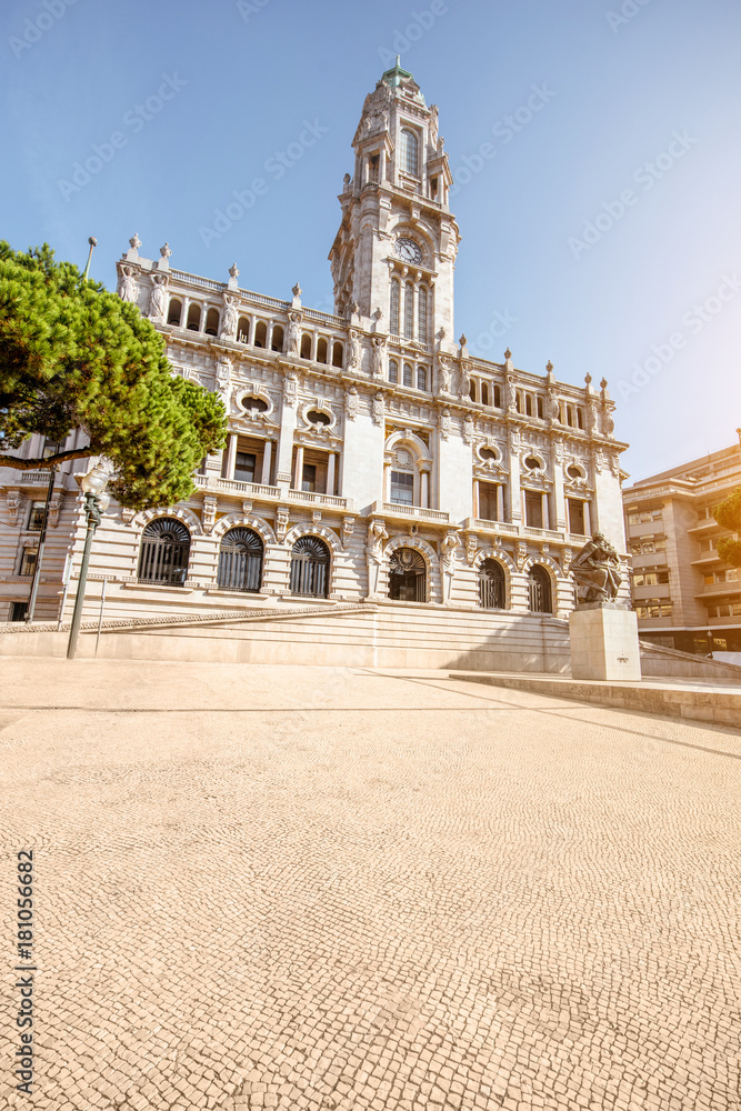 Morning view on the city hall building on the central square in Porto city, Portugal