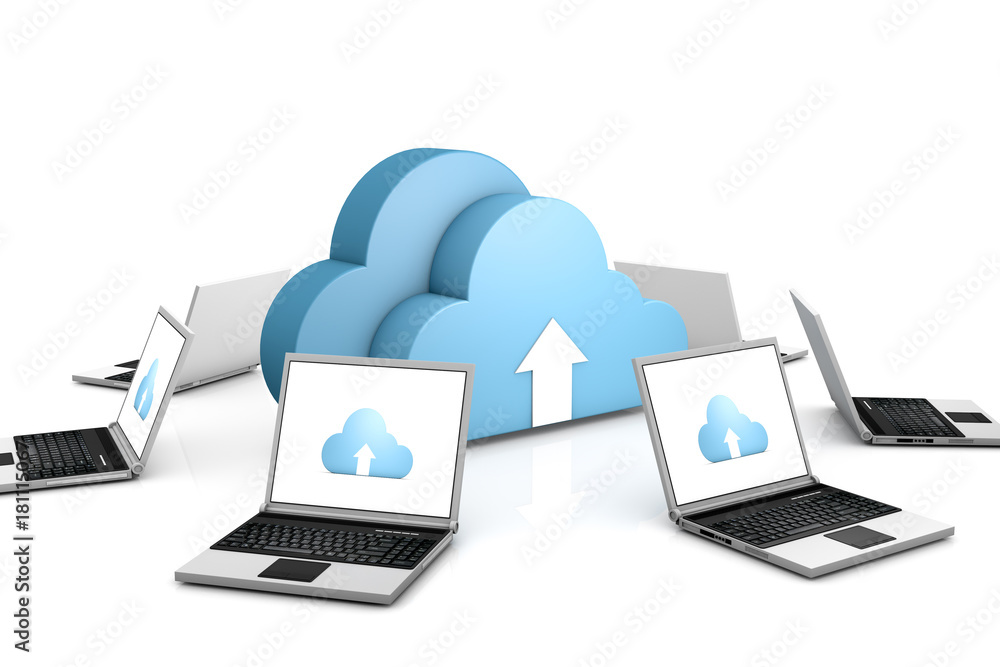 3d data cloud and laptops on white