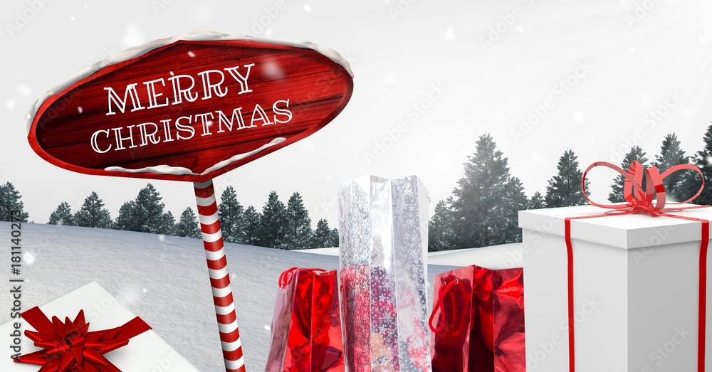 Merry Christmas text and gifts with Wooden signpost in Christmas