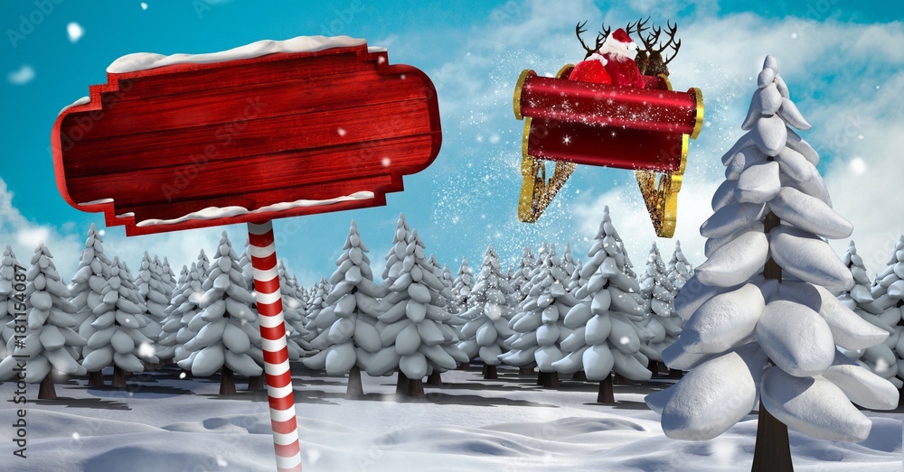 Wooden signpost in Christmas Winter landscape and Santas sleigh