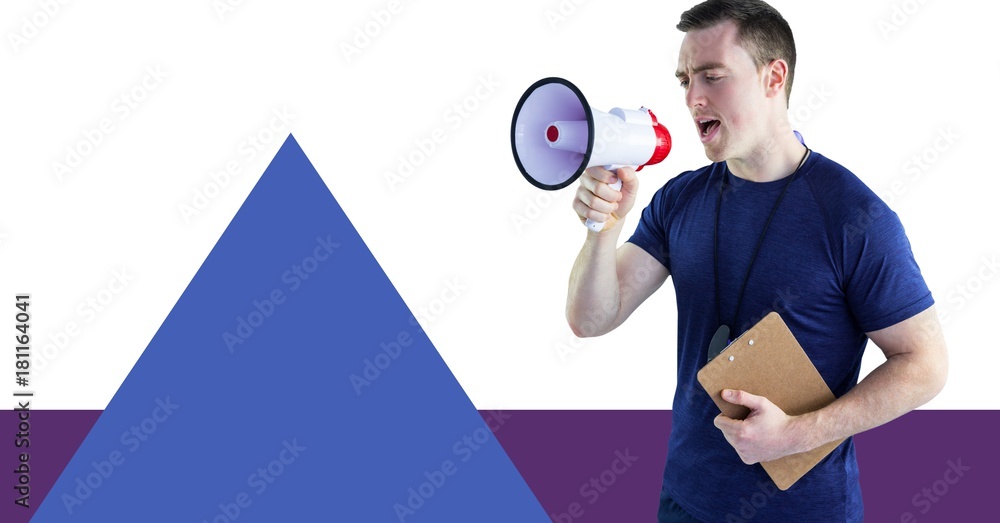 Fitness trainer man with minimal shapes and megaphone