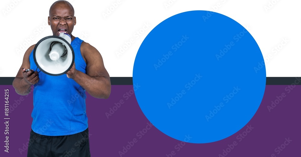 Fitness trainer man with minimal shapes and megaphone