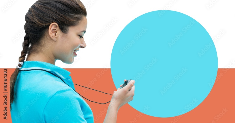 Fitness trainer woman with minimal shapes and stopwatch